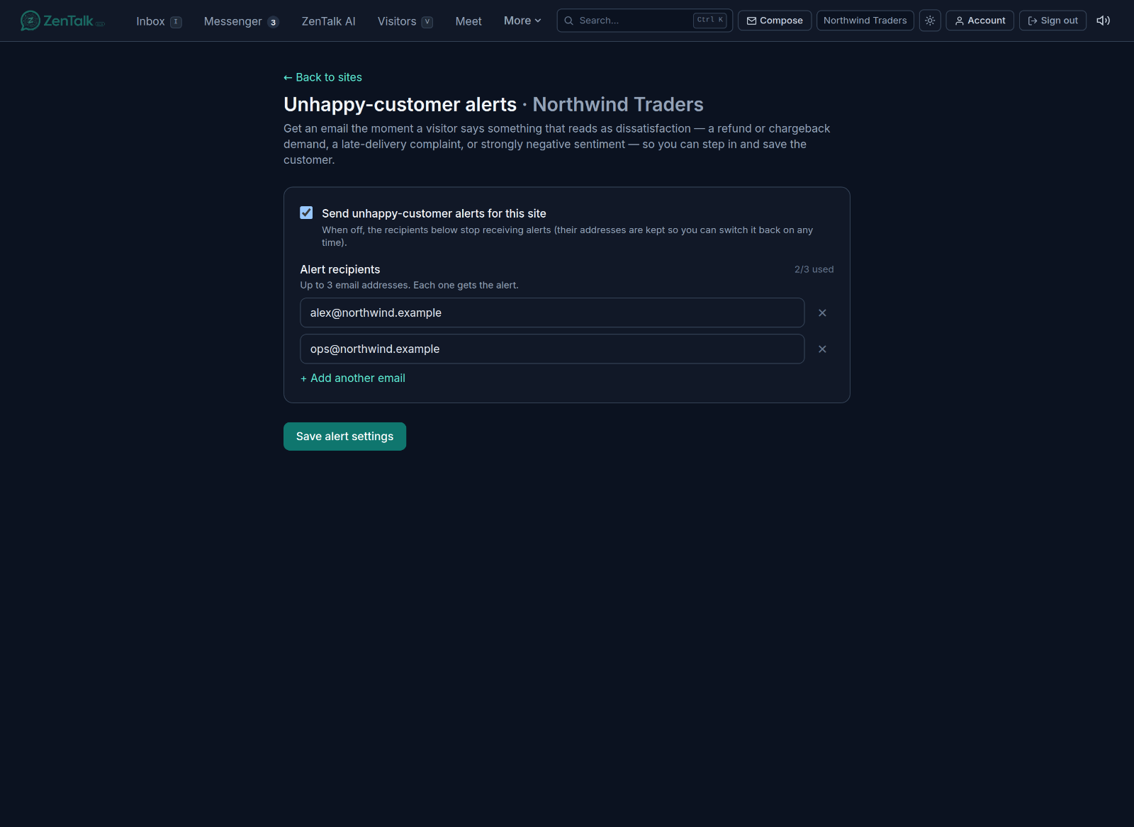 The unhappy-customer alerts page with the enable toggle and email recipients.