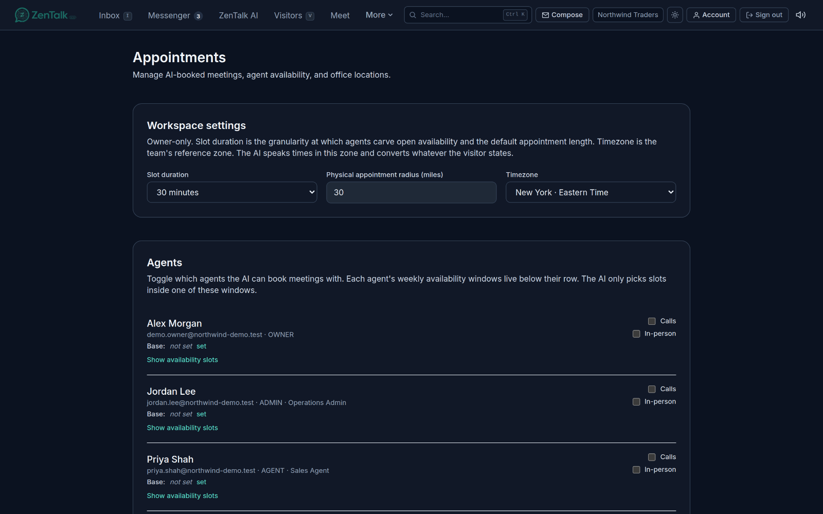 The Appointments settings with slot duration, timezone, and per agent availability rows.