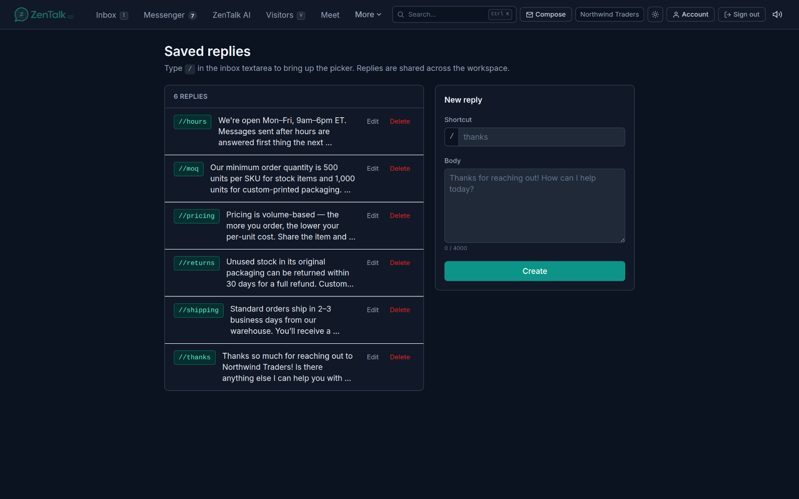 The Canned responses list with slash shortcuts and their saved reply text.