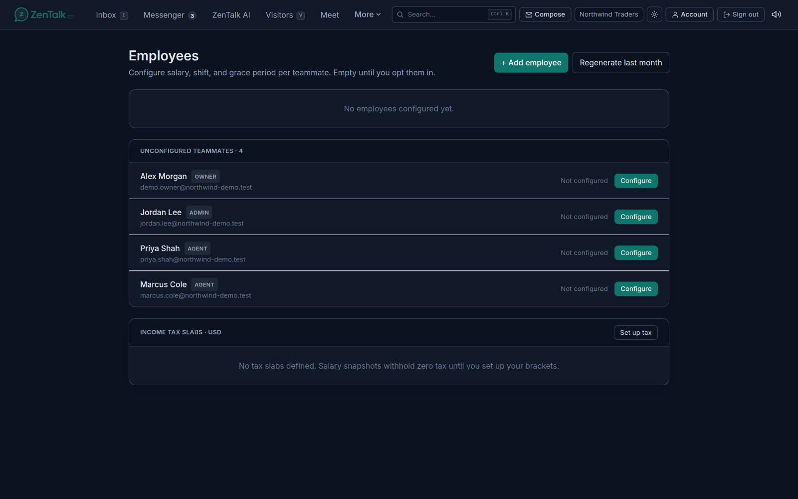 The Employees page listing team members with roles and profile actions.