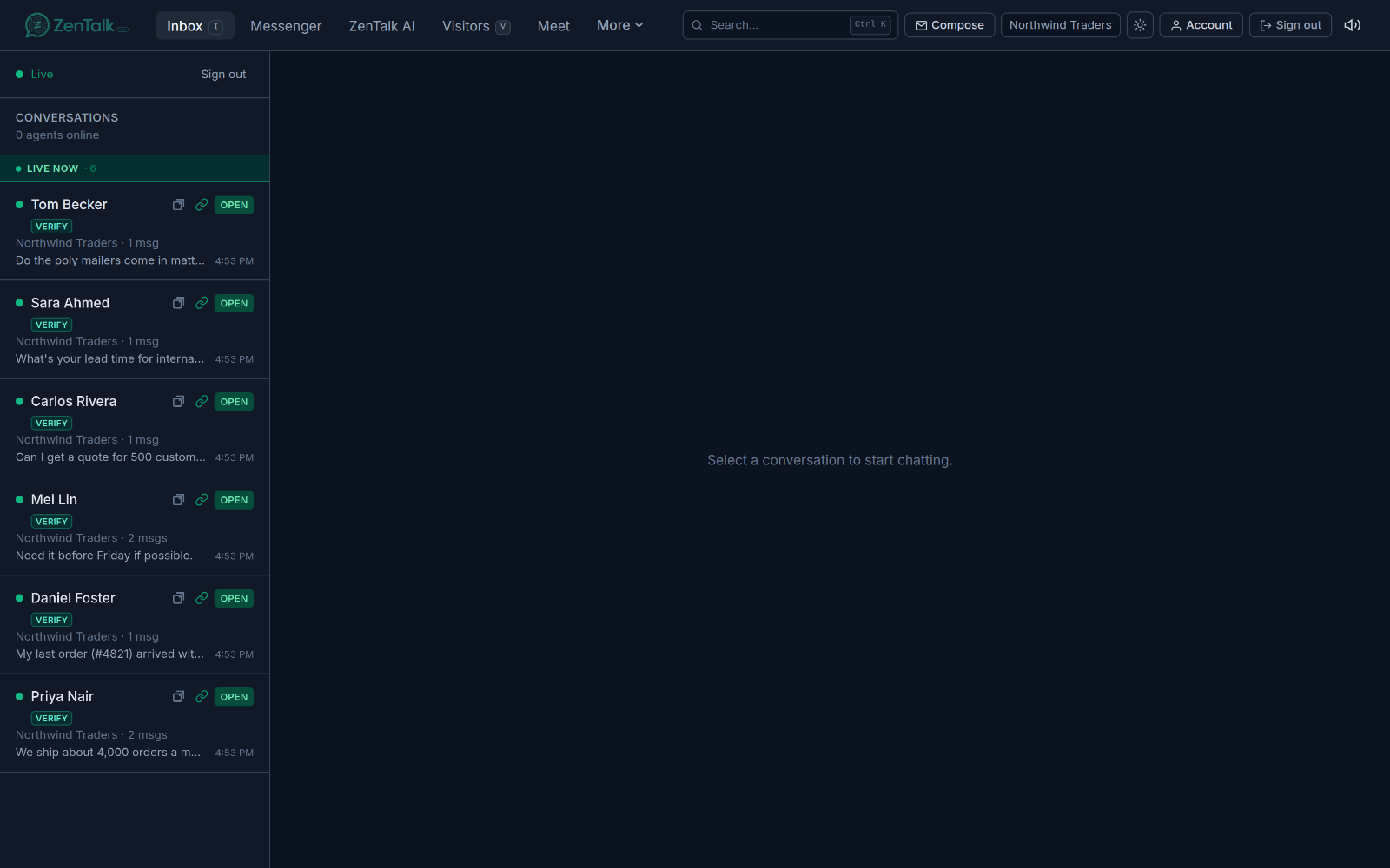 The ZenTalk dashboard with the inbox, the top navigation, and the workspace switcher.