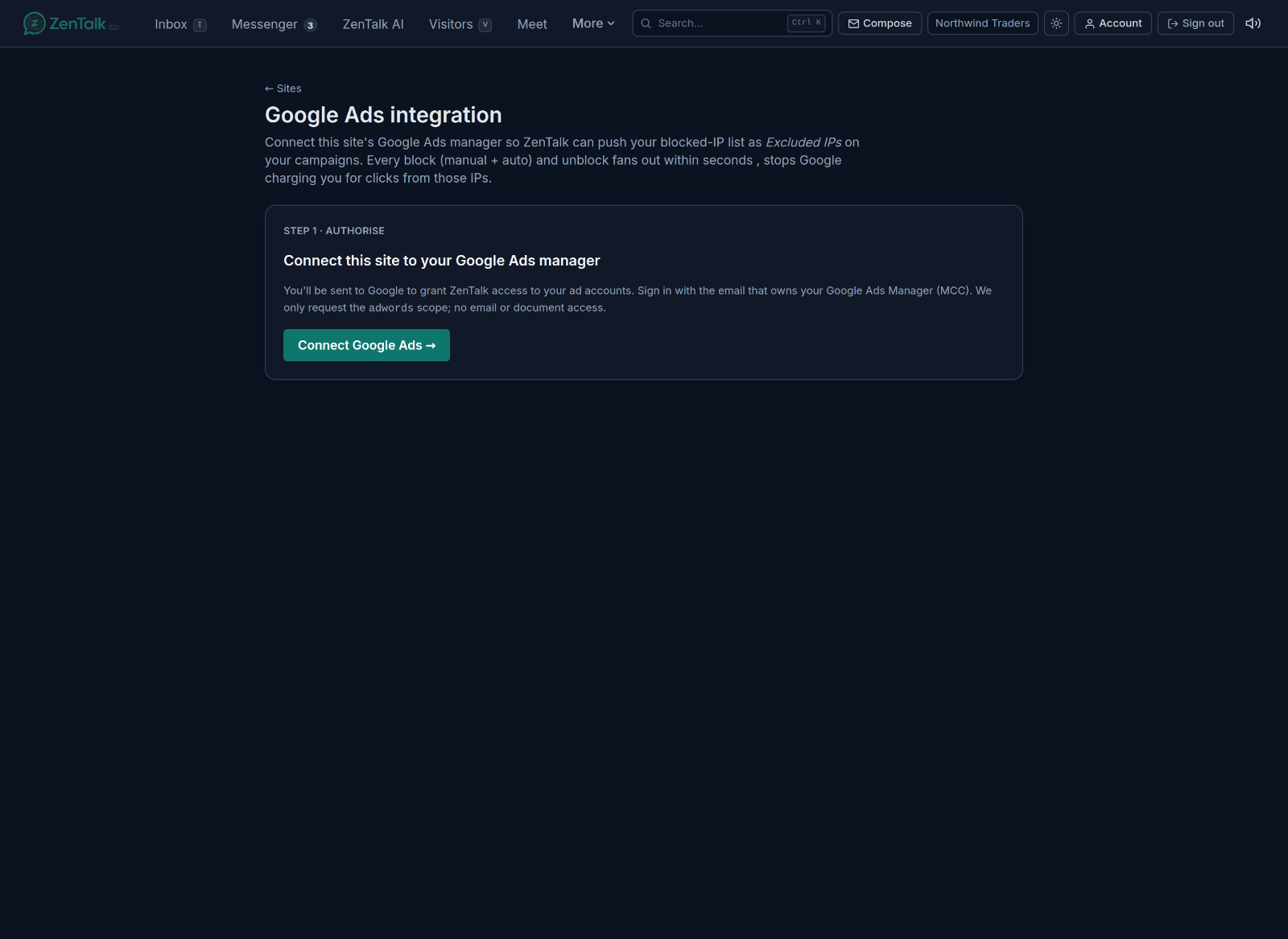 The Google Ads integration page showing the authorise step and Connect button.