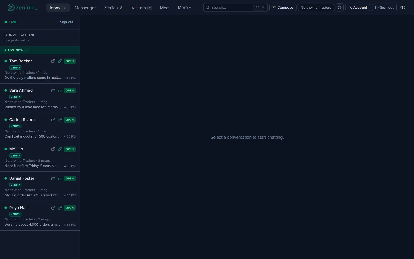 The Inbox conversation list showing a Live now section with several online visitors, each row tagged with the site name, a short message preview, and a time.