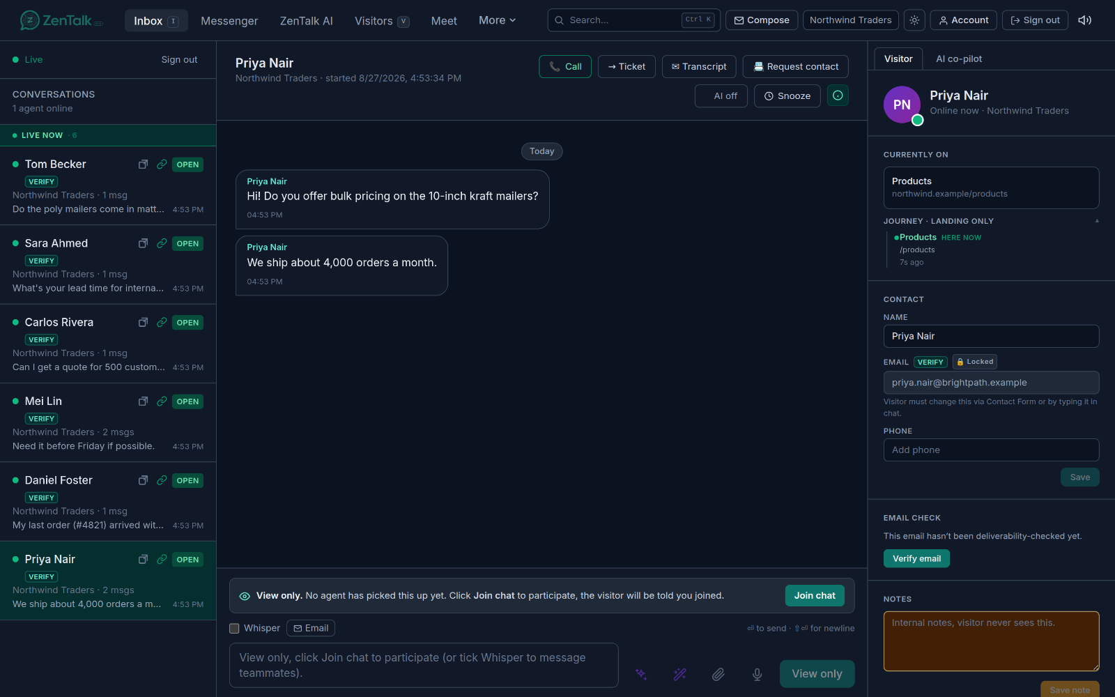 The Inbox with a conversation open: conversation list on the left, chat thread in the middle, and the visitor side panel on the right.