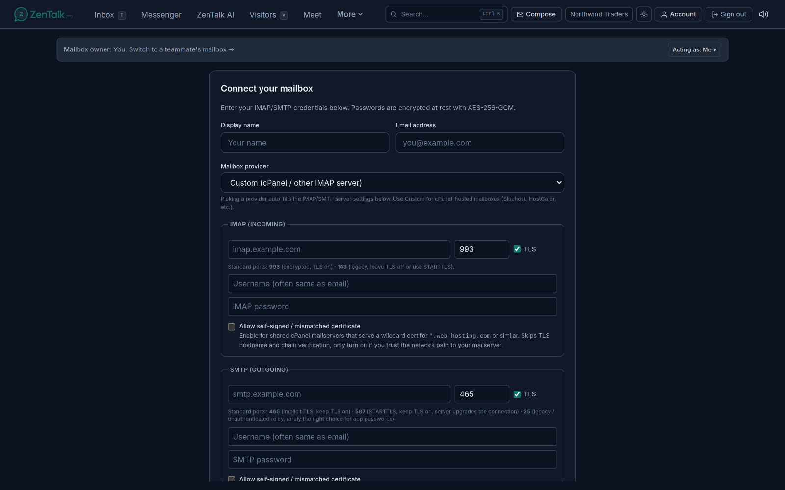 The Mail connect screen for entering IMAP and SMTP mailbox credentials.