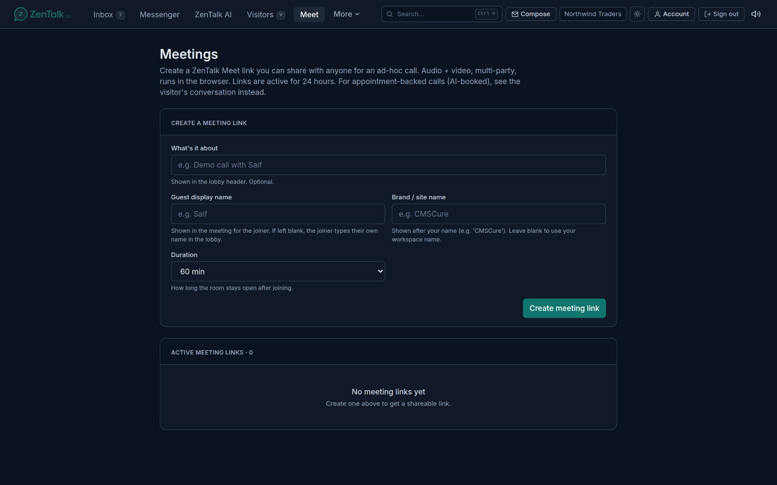 The Meet page for starting a video room and inviting people to join.