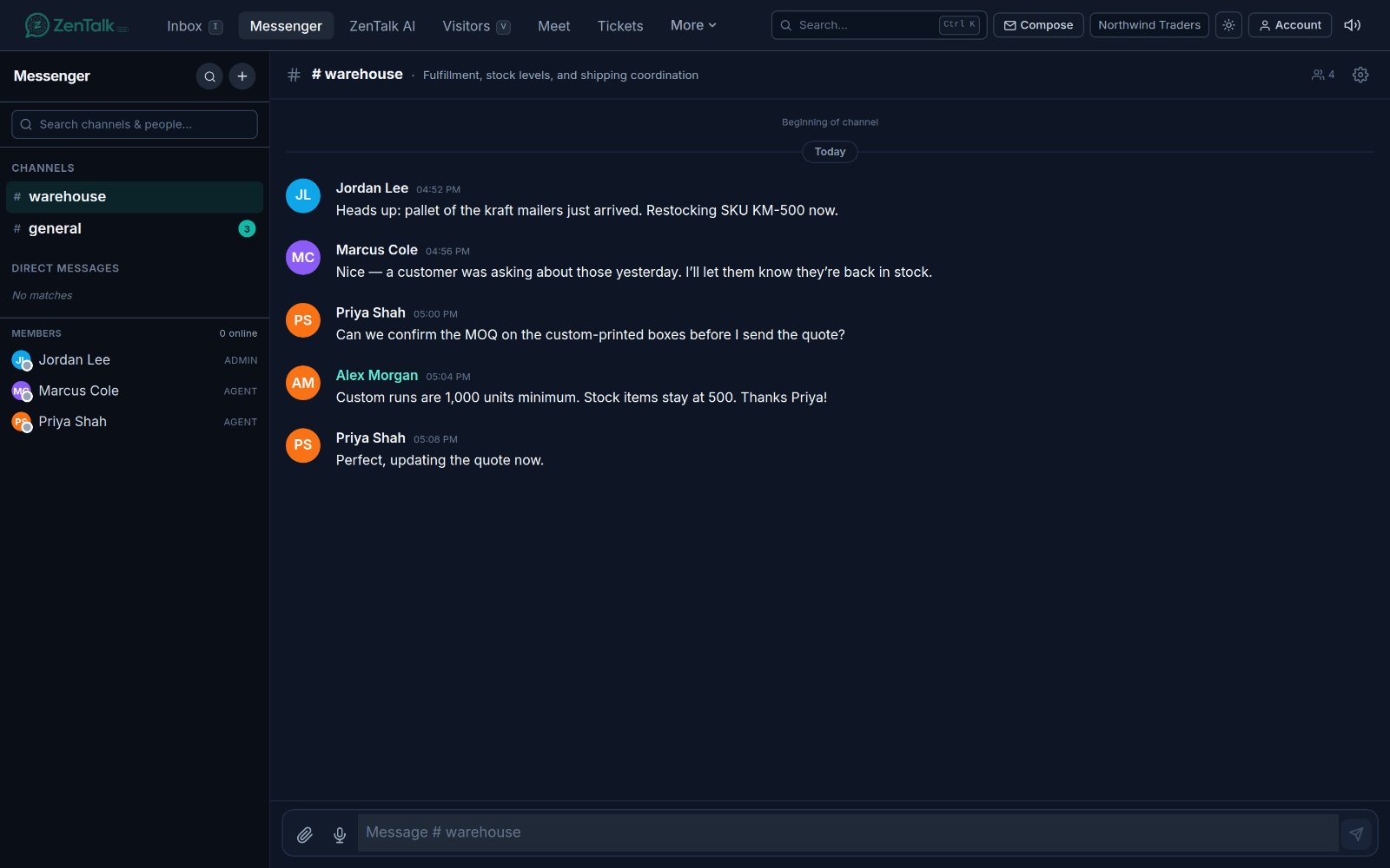 The internal Messenger with channels on the left, a team conversation, and a member list.