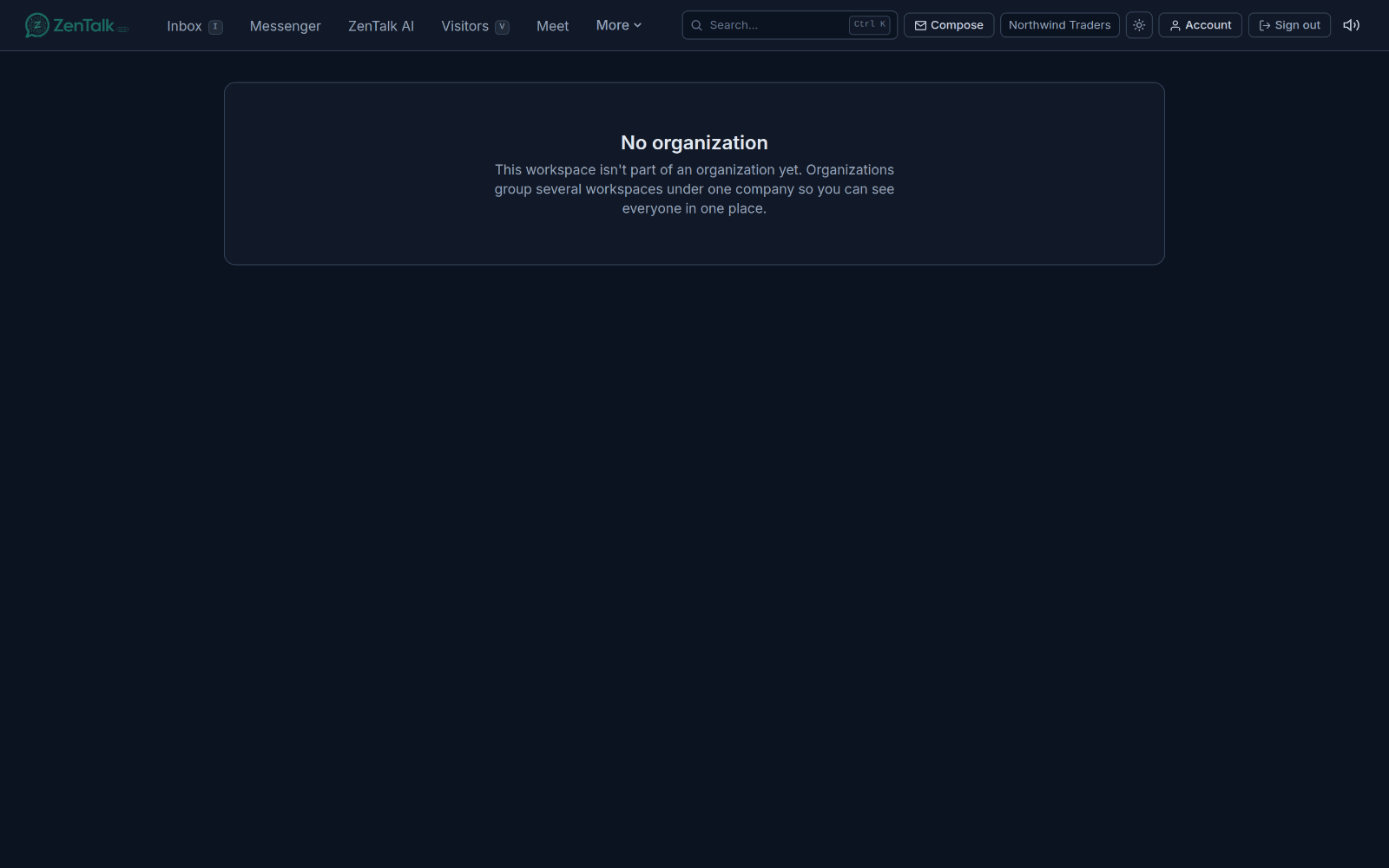The Organization page explaining how workspaces group under one company.