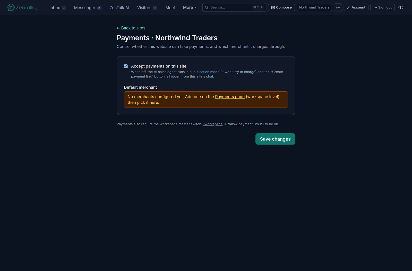 The site Payments settings page with the accept-payments toggle and default merchant.
