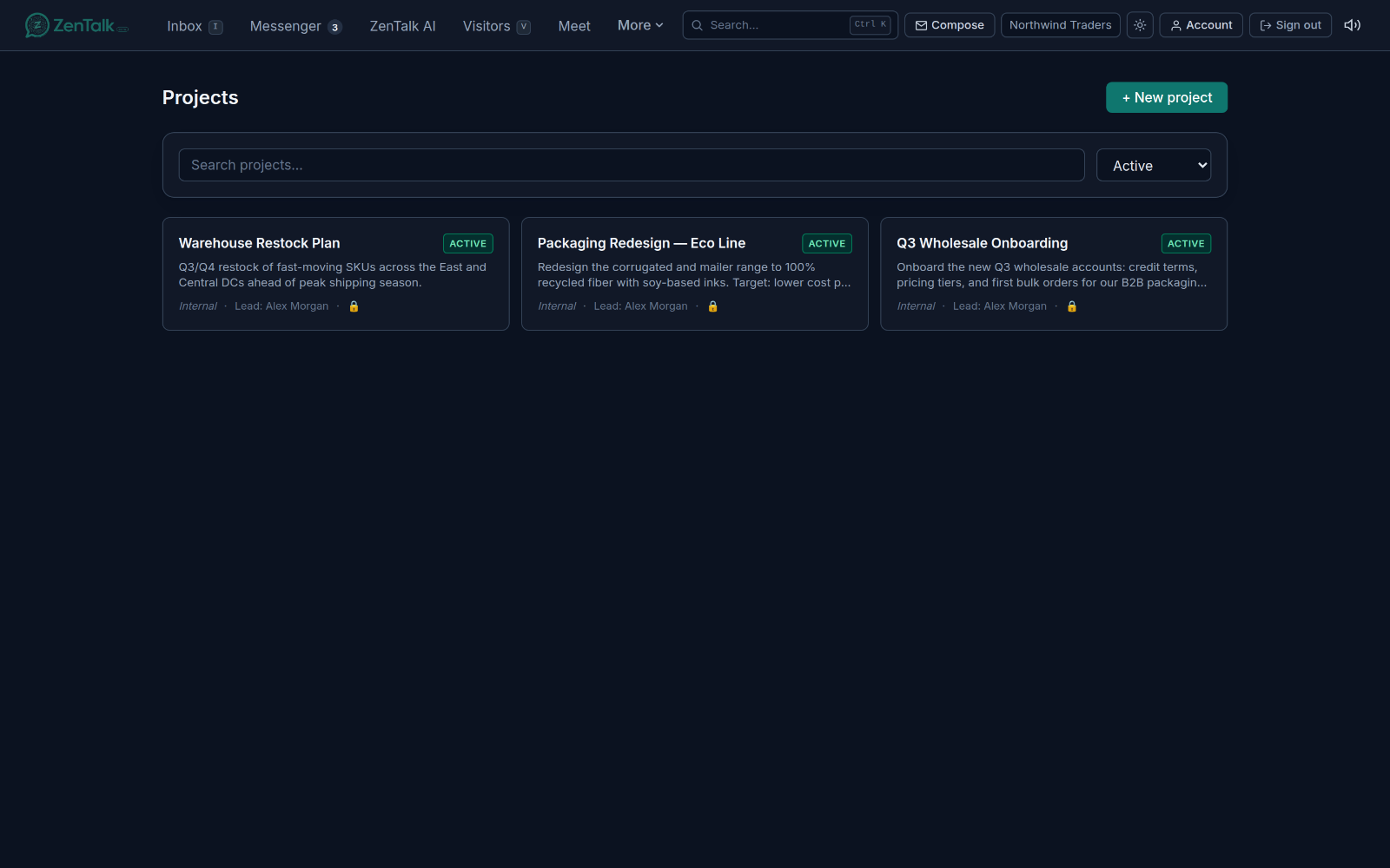 The Projects view with projects and their tasks across different stages.