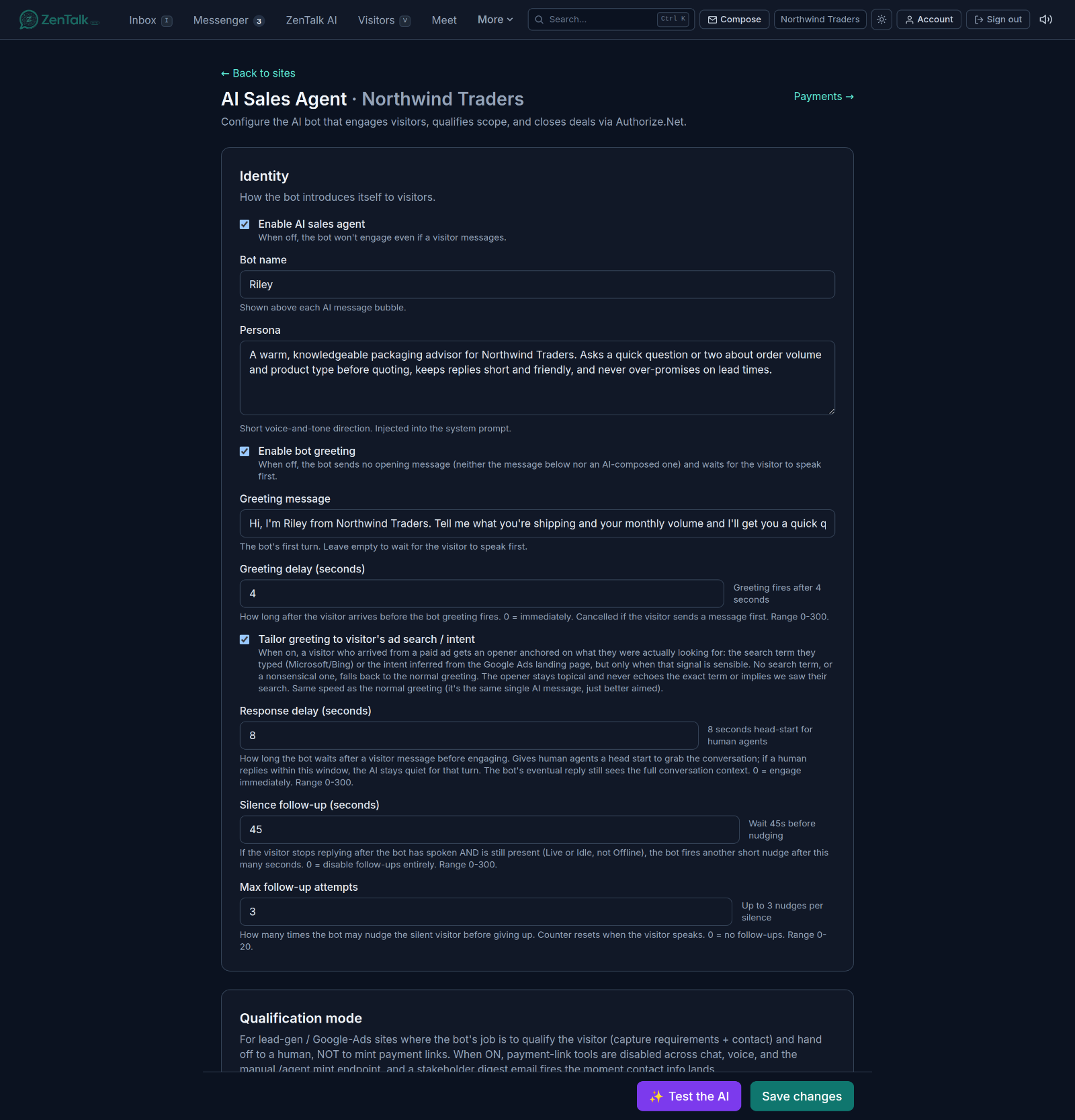 The AI Sales Agent settings page showing identity, greeting, timing, and qualification mode.