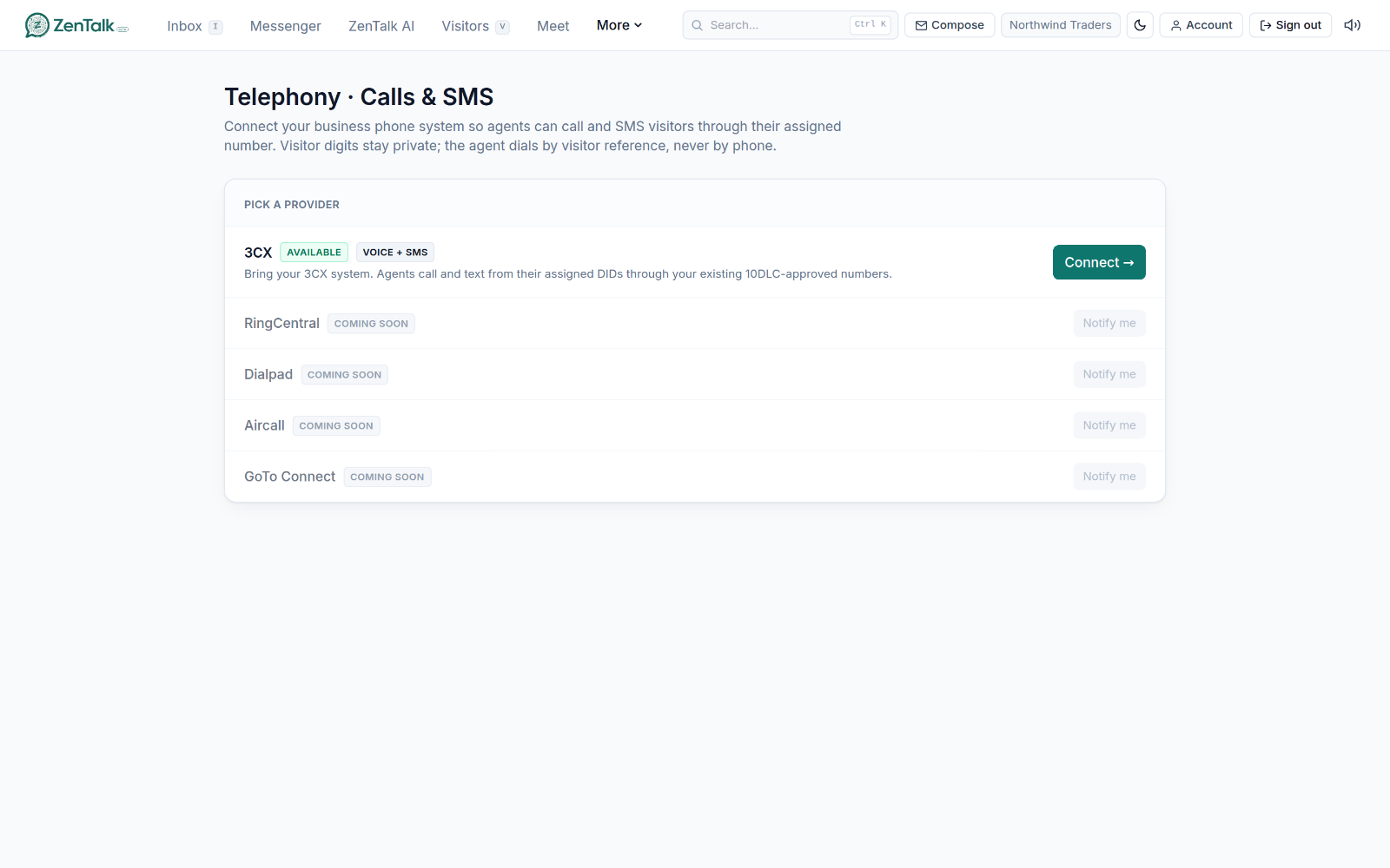 The Settings area for configuring the account, workspace, and connected services.
