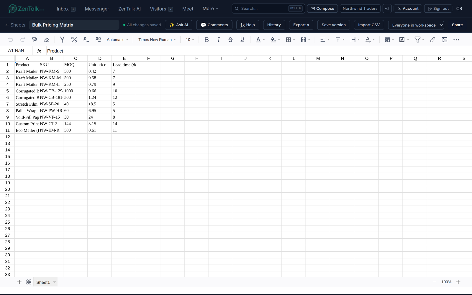 An open spreadsheet in the ZenTalk Sheets editor, showing a bulk pricing matrix with products, SKUs, quantities, and prices in a full grid.
