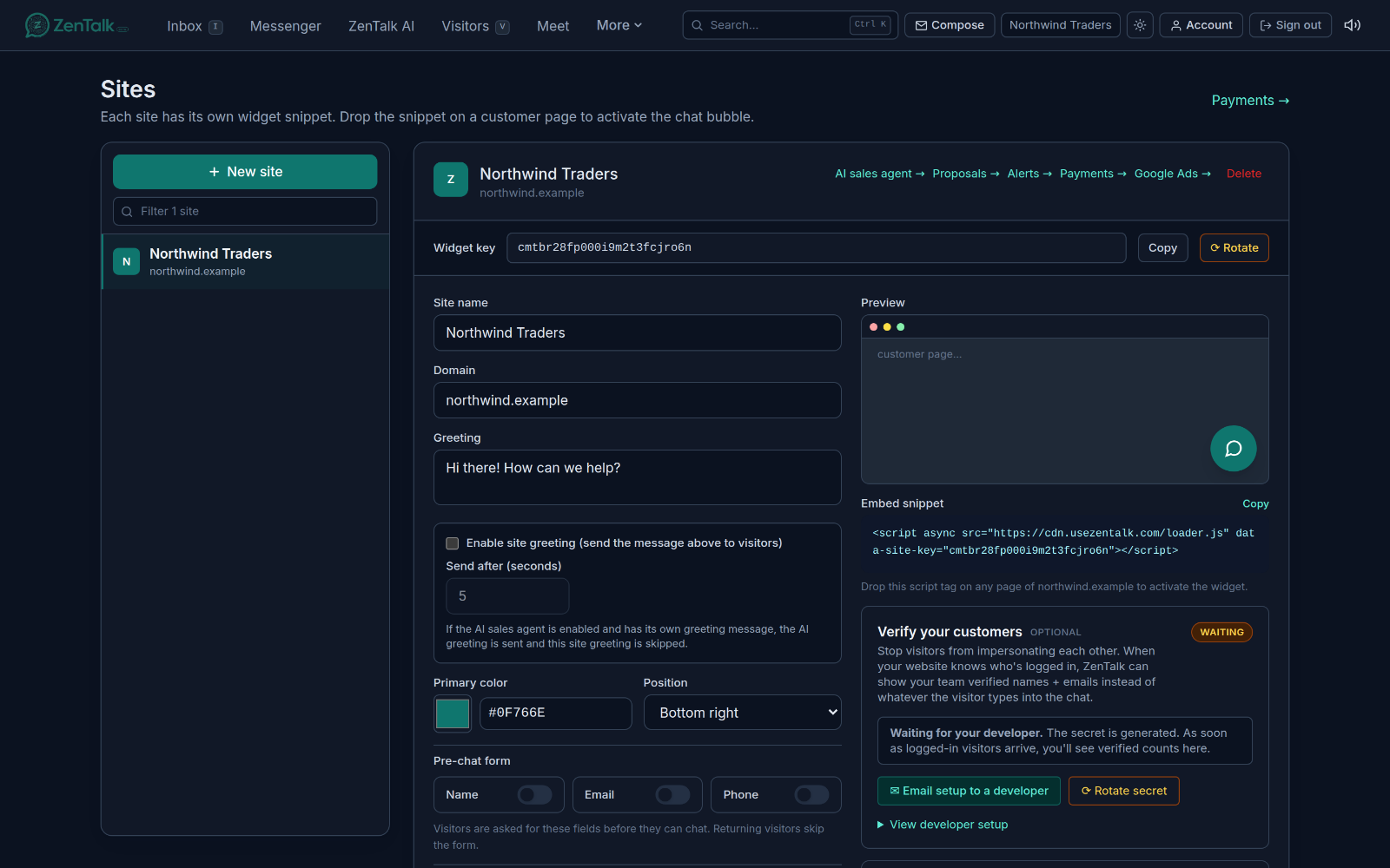 The Sites page with a site selected, showing its widget key, greeting, and settings.