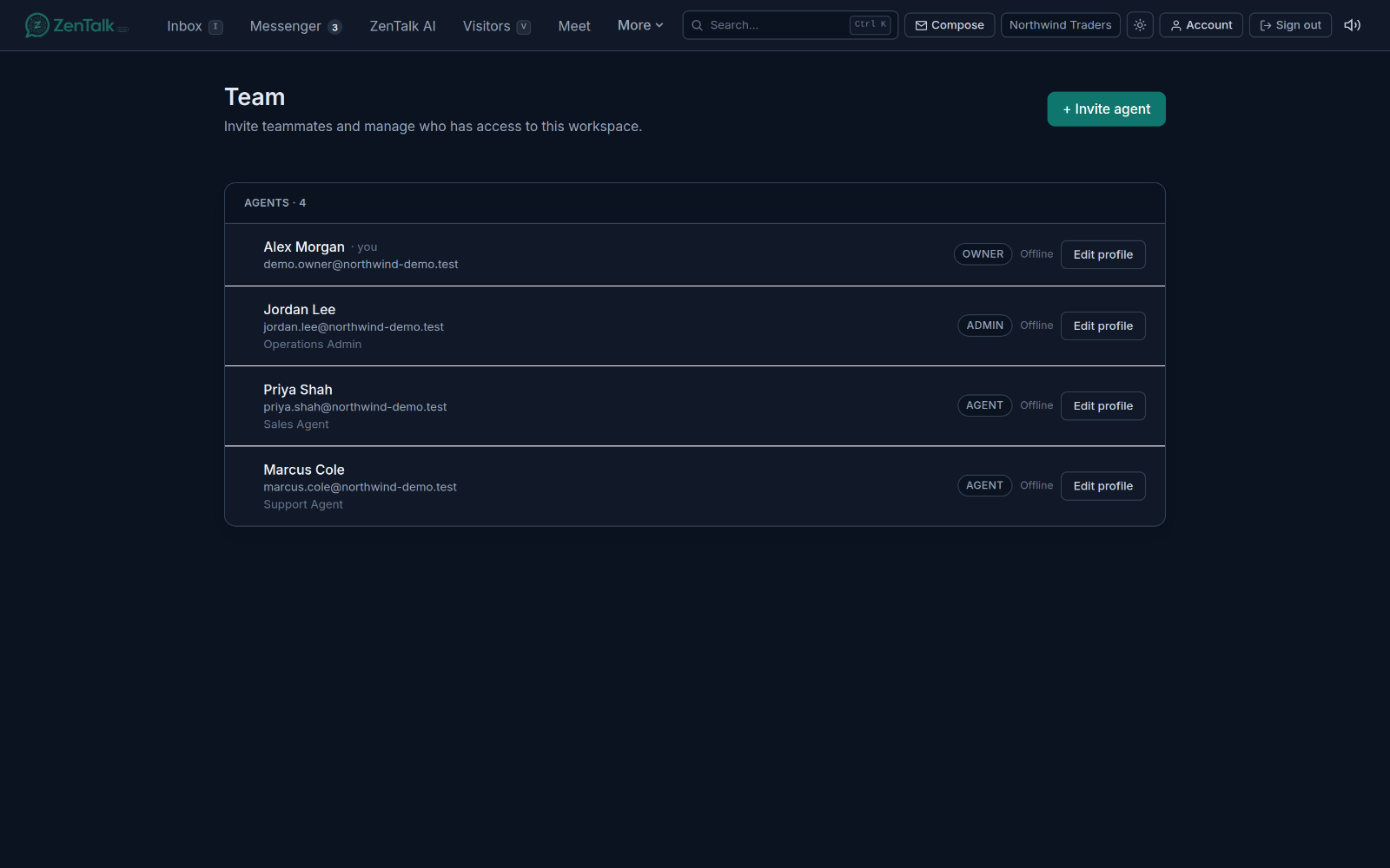 The Team page listing agents with their roles and profile controls.