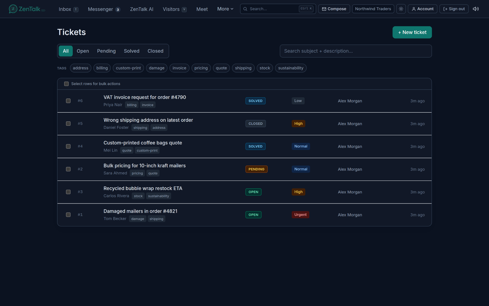 The Tickets list with subjects, statuses, priorities, tags, and requesters.